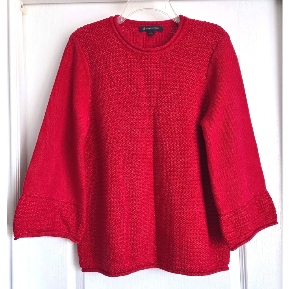 Brooks Brothers Red Popcorn Knit Sweater 3/4 Bell Sleeve Rolled Crew Neck Sz L